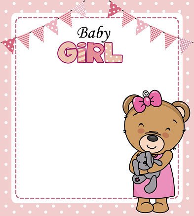 Baby girl shower card. Cute bear with teddy