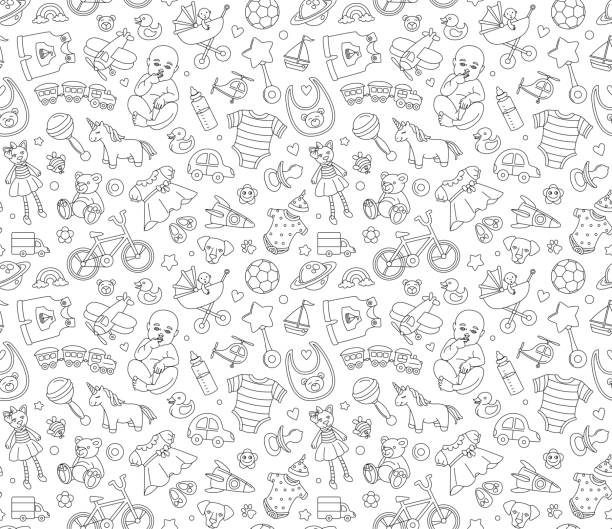 Baby goods store seamless background pattern Newborn products and toys. Baby goods store seamless background pattern for textile, print, wrapping paper, wallpaper. Newborn girl boy products and toys. Vector illustration design thin line doodle style. Black and white pregnant drawings stock illustrations
