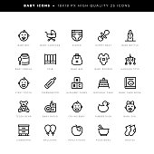 18 x 18 pixel high quality editable stroke line icons. These 25 simple modern icons are about baby and include icons of baby boy, baby carriage, diaper, dummy beat, baby bottle, baby cereal, crib, baby bib, baby romper, hanging toys, first tooth, thermometer, alphabet cubes, birthday cake, baby care book, teddy bear, baby radio, crying baby, rubber duck, baby girl, sideboard, balloons, health food, food bowl, bootee, apple.