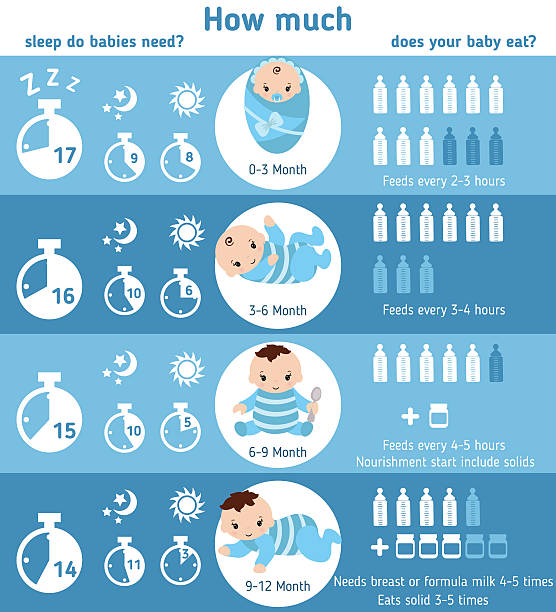 ilustraciones, imágenes clip art, dibujos animados e iconos de stock de infografías para bebés. alimentar y dormir al bebé. - baby formula