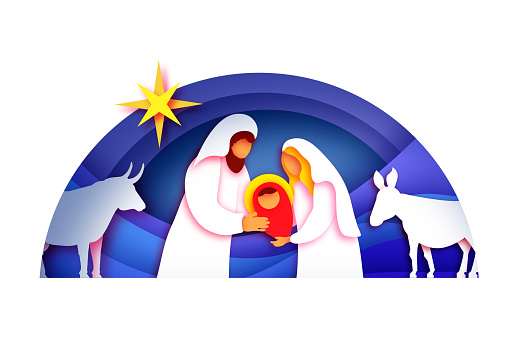 Baby Jesus Christ. Holy Child and Family. Mary and Joseph. Birth of Christ.Star of Bethlehem - East comet. Nativity Christmas in paper art style. Happy New Year. Animals. Blue. Vector vector