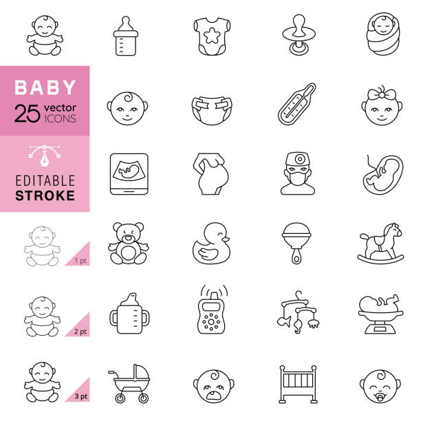 ilustrações, clipart, desenhos animados e ícones de ícones da linha do bebê. derrame editado. - baby icons