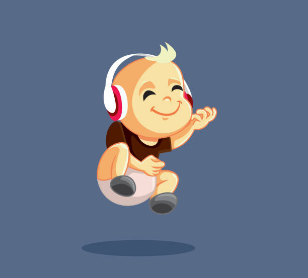 Baby Playing Air Guitar Listening to Rock Music Happy toddler wearing headphones jumping with excitement mini fan stock illustrations