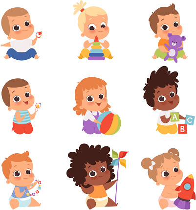 Baby playing. Cute little kids newborn 1 years baby characters eating and sitting with toys happy childhood vector cartoon