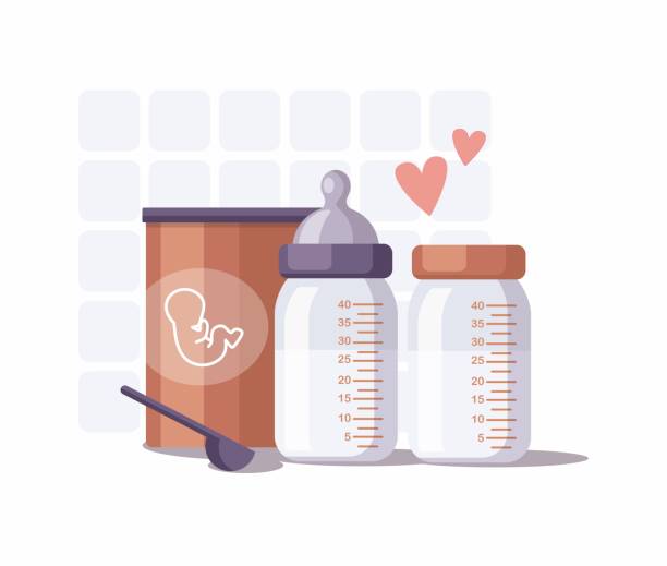 baby powder milk formula in a can. baby bottles with nipple. - baby formula stock illustrations
