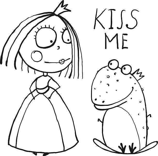Baby Princess and Frog Asking for Kiss Coloring Page Kids love story cute and fun outline illustration for coloring book. frog clipart black and white stock illustrations