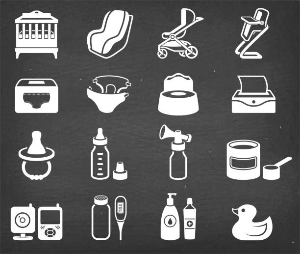Baby products, food and care vector icon set Baby products, food and care vector icon set. This image features a set of roaylty free vector icons in white on a chalkboard. The icons can be used separately or as part of a set. The chalk board has a slight texture. baby formula stock illustrations