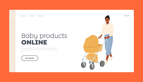 Baby Products Online Landing Page Template. Young Mother Pushing Carriage with Newborn Baby. Mom Walk with Stroller
