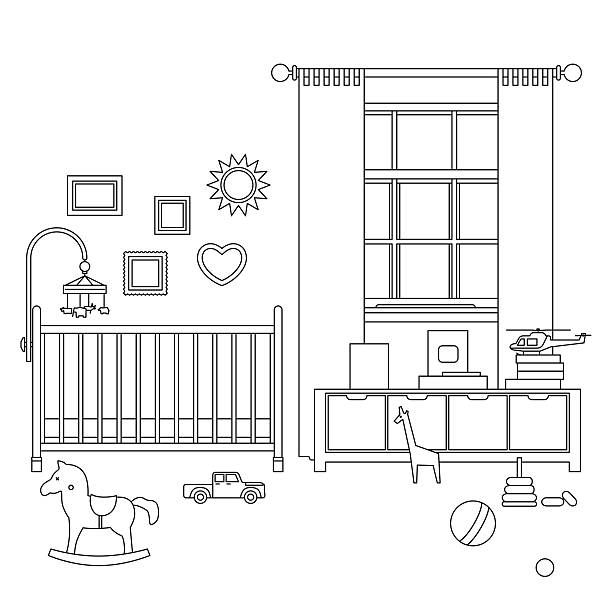 Baby room line interior Baby room line interior. Vector outline illustration of nursery with furniture and toys. bedroom silhouettes stock illustrations