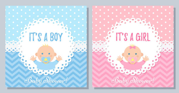 Baby Shower card design. Vector illustration. Birthday party background. Baby Shower invitation. Vector. Baby boy, girl card. Cute blue pink design banner. Birth party background. Happy greeting pastel poster. Welcome template invite with newborn kid. Flat illustration baby girls stock illustrations