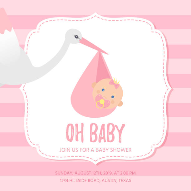 Baby Shower card design. Vector illustration. Birthday template invite. Baby Shower invitation card. Vector. Baby girl banner. Welcome template invite. Cute birth party background. Happy greeting holiday poster with newborn kid. Pink design. Cartoon flat illustration. baby girls stock illustrations