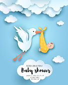 Baby shower card with cute stork in sky with baby, vector paper art.