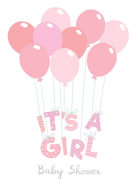 Baby shower card Baby shower invitation for girls. Vector illustration with pink letters "It's a girl" tied to the balloons, isolated on white background. it's a girl stock illustrations