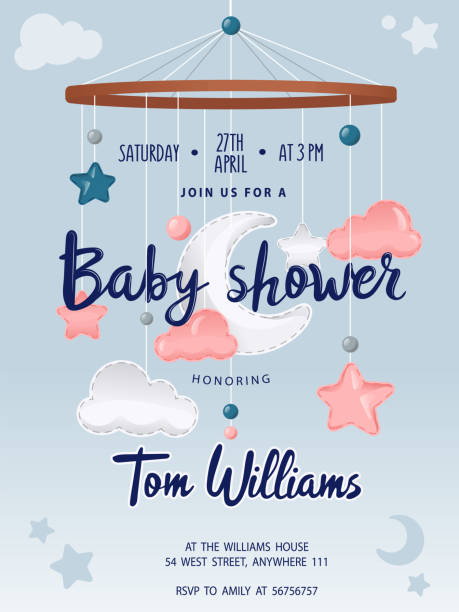 Baby Shower card with cute crib Mobile Musical Box Bed Bell, moon, clouds and stars. Place for text. Flat style. Vector illustration Baby Shower card with cute crib Mobile Musical Box Bed Bell, moon, clouds and stars. Place for text. Flat style. Vector illustration. baby shower stock illustrations