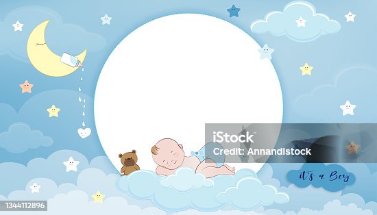 istock Baby shower card,Cute little boy sleeping on crescent moon, milk bottle and teddy bear on Blue Sky and Clouds layers background,Vector Paper cut cloudscape backdrop with copy space for baby's photos 1344112896