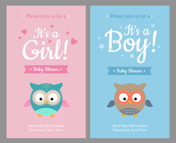 Baby shower cards set. Invitation template with cute little owls illustration, hearts and stars. It's a boy, It's a girl - Vector Baby shower cards set. Invitation template with cute little owls illustration, hearts, and stars. It's a boy, It's a girl - Vector illustration it's a girl stock illustrations