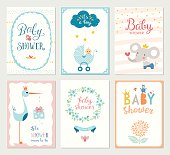 Set of 6 baby shower cards with floral wreath, frames, elephant, baby carriage, baby boy, decorative flowers, butterflies, stars, stork, gift box and hand lettering. Template for printable cards and scrapbooking. Vector illustration.