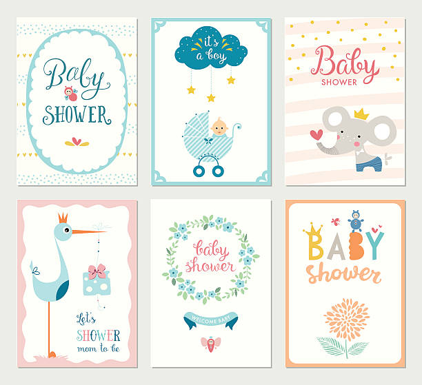 Baby Shower Cards Set Set of 6 baby shower cards with floral wreath, frames, elephant, baby carriage, baby boy, decorative flowers, butterflies, stars, stork, gift box and hand lettering. Template for printable cards and scrapbooking. Vector illustration. baby shower stock illustrations