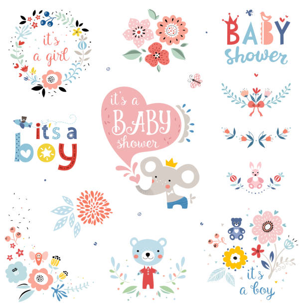 Baby Shower Elements_01 Baby Shower design elements and items. Vector set. it's a girl stock illustrations