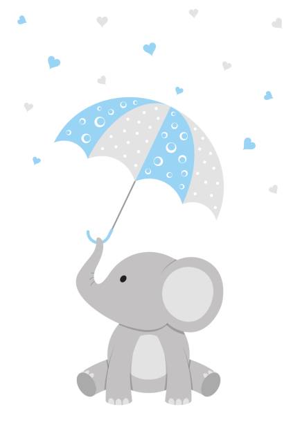 Baby Shower Elephant Design A baby elephant holding a blue umbrella boys stock illustrations