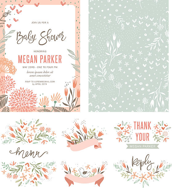 Baby Shower Floral Set Baby Shower invitation templates with floral and typographic design elements. Menu, Thank Your, Reception Card, seamless pattern and banners. Vector illustration. baby shower stock illustrations