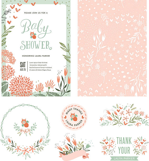 Baby Shower Floral Set Baby Shower invitation with seamless background and floral typographic design elements. Vector illustration. baby shower stock illustrations