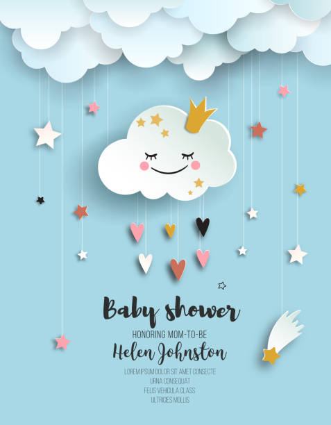 Baby shower greeting card. Baby shower greeting card with cute cloud, Nursery  invitation template, vector paper art baby shower stock illustrations