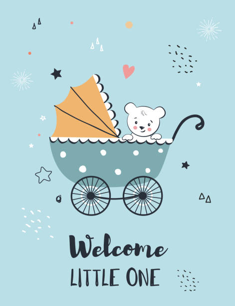 Baby shower greeting. Baby shower greeting with  cute little bear in baby carriage. baby carriage stock illustrations