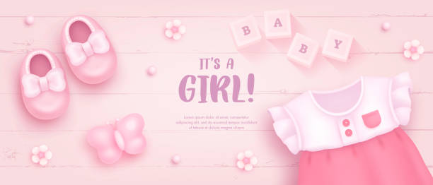 Baby shower horizontal banner for a girl Baby shower horizontal banner with cartoon shoes, dress and toys on pink background. It's a girl. Vector illustration it's a girl stock illustrations
