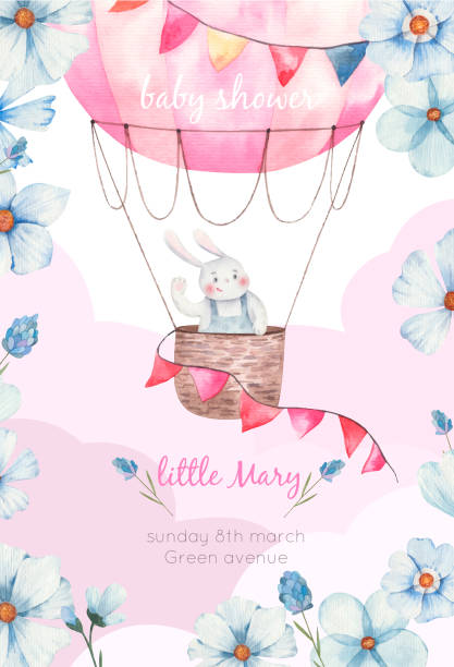Baby Shower Invitation Template For Girl, Cute Bunny In Air Balloon