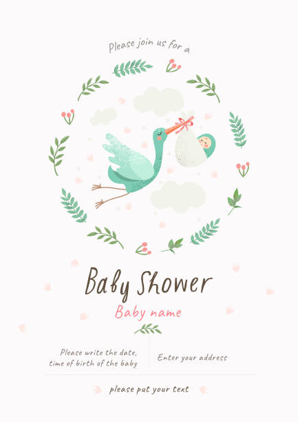stockillustraties, clipart, cartoons en iconen met baby douche uitnodiging sjabloon met schattige illustratie van een ooievaar met een pasgeboren in een bloem frame, vector geïsoleerde kaart voor gefeliciteerd op een pasgeborene - newborn