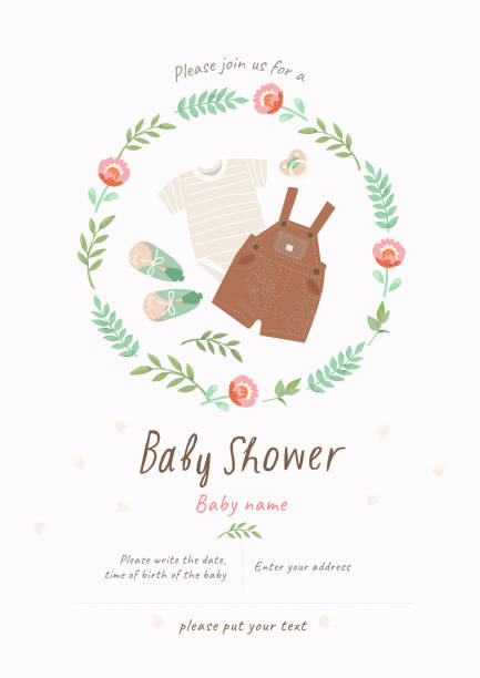Baby Shower Invitation template with cute illustration of baby clothes for a child: slip, romper, booties, nipple in a flower frame, vector isolated objects for congratulations on a newborn Baby Shower Invitation template with cute illustration of baby clothes for a child: slip, romper, booties, nipple in a flower frame, vector isolated objects for congratulations on a newborn pregnant borders stock illustrations