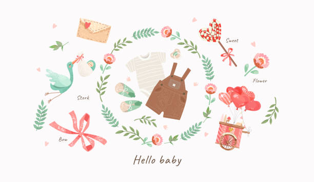 Baby Shower Invitation template with cute illustration of baby clothes for a child: slip, romper, booties, nipple in a flower frame, vector isolated objects for congratulations on a newborn Baby Shower Invitation template with cute illustration of baby clothes for a child: slip, romper, booties, nipple in a flower frame, vector isolated objects for congratulations on a newborn pregnant borders stock illustrations