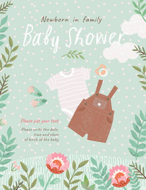Baby Shower Invitation template with cute illustration of baby clothes for a child: slip, romper, booties, nipple in a flower frame, vector objects for congratulations on a newborn Baby Shower Invitation template with cute illustration of baby clothes for a child: slip, romper, booties, nipple in a flower frame, vector objects for congratulations on a newborn pregnant borders stock illustrations