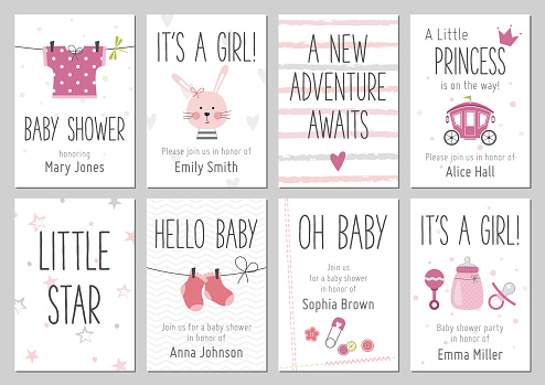 Baby shower invitations. Baby girl arrival and shower cards collection.