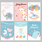 cute cartoon baby shower invitation card and posters in pastel colors