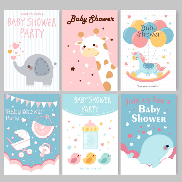 baby shower party posters cute cartoon baby shower invitation card and posters in pastel colors baby shower stock illustrations