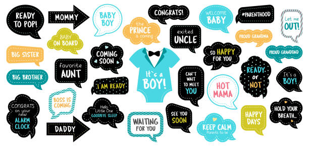 Baby shower photo booth photobooth props set Baby shower photo booth props. Happy birthday party for boy. Blue cards and speech bubbles with funny quotes for new born and parents. Vector photobooth set for pregnancy party. speech bubble photos stock illustrations