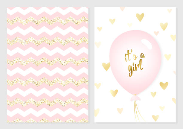 Baby shower posters set. Vector invitation with cute pink and gold kids pattern. Vector invitation with cute pink and gold kids pattern. Baby arrival and shower collection with lettering and balloon. It's a girl vector greeting card. it's a girl stock illustrations