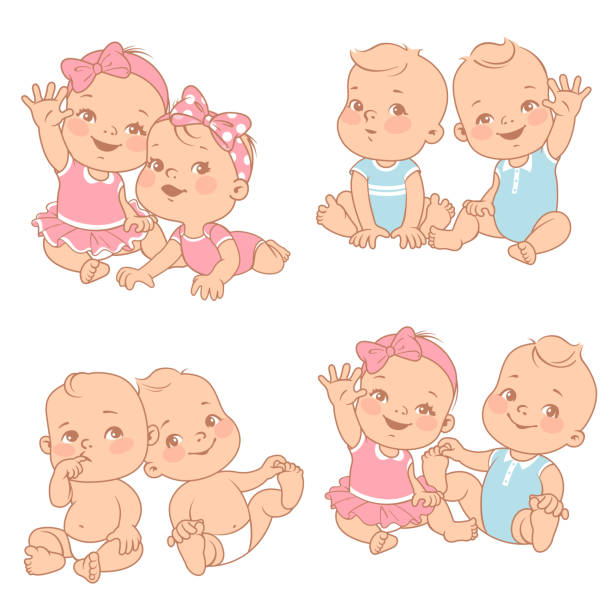 Baby shower set set with cute little twin babies. Baby shower illustration. Twin girls and boys. Different pairs of siblings. Sister and brother sitting waving hands. Vector color  illustration. twins stock illustrations