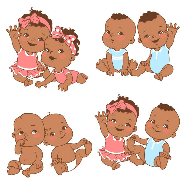 Baby shower set Baby girl and baby boy with blank text bubble. Say hello mom or day. Different pairs of siblingsTwin shower card. Dark skin children. Ethnic baby. Vector illustration. twins stock illustrations