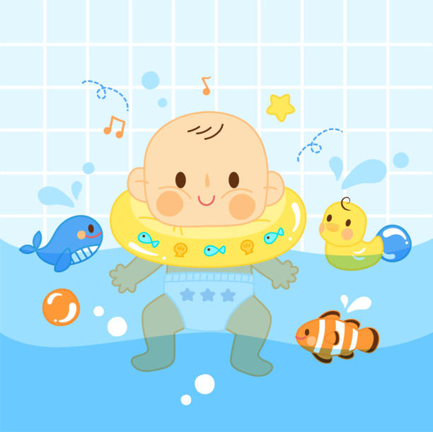 stockillustraties, clipart, cartoons en iconen met baby zwemmen bij het zwembad - swimming baby