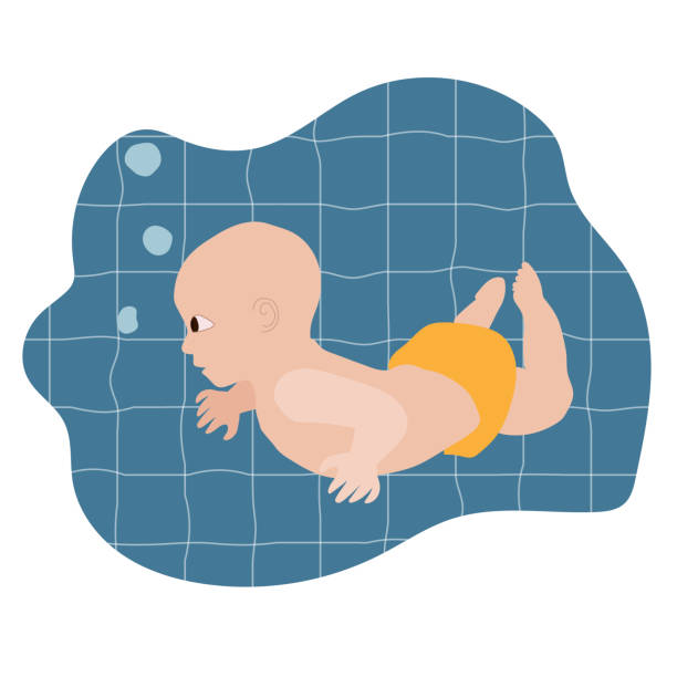 stockillustraties, clipart, cartoons en iconen met de baby zwemt in een pool. de baby van het beeldverhaal duikt onder het water - swimming baby