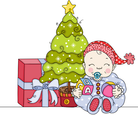 Baby with Christmas tree and gift