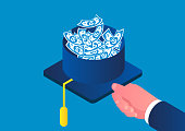 Bachelor hat full of money, scholarship or loan, concept of tuition