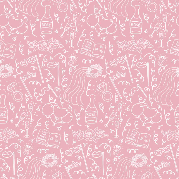 Bachelorette party concept. Seamless pattern. Monochrome doodle. Subtle seamless doodle pattern with bachelorette party decorations. Selfie stick,  ballons, props, veil, champagne, diamond rings, roses, signing book. Pink background. Background design element. selfie patterns stock illustrations