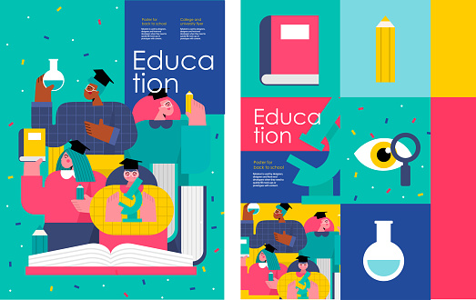 back to school and education. Vector illustration of schoolchildren and students in college and university with books, pencils, microscope and school objects. Drawings for poster, background or flyer