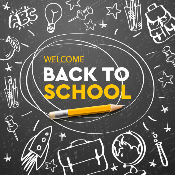 ilustrações de stock, clip art, desenhos animados e ícones de back to school banner, doodle on chalkboard background, vector illustration. - back to school