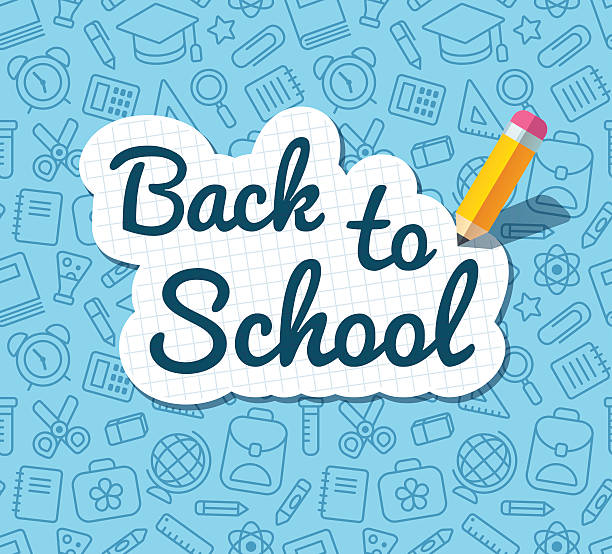 Back to school banner Back to school words banner on lined notebook paper and flat vector pencil on blue pattern of education symbols. Texture can be tiled seamlessly in any direction. back to school stock illustrations