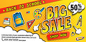 Back to school big sale promotion banner, shop now offer with halftone. Half price discount card with school equipment, backpack, books. Template for promo, flyers, posters. Vector illustration.